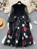 Senior Knitted Patchwork Dress Long Lantern Sleeves Bow Mesh Embroidery Floral Women Autumn France Elegant Party Dress