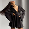 Elegant Party Satin Flare Long Sleeve Dress Women's Sexy Deep V Neck Solid Color Higt Waist Dresses Autumn short skirts