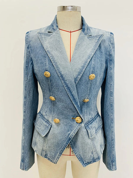 Designer Jacket Women's Slim Fitting Double Breasted Lion Buttons Denim Blazer