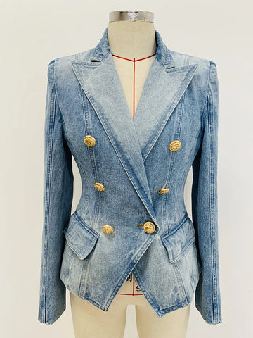Designer Jacket Women's Slim Fitting Double Breasted Lion Buttons Denim Blazer