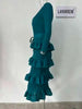 Long Pleated Dress Women Round Neck Solid Color Ruffles Cake Belt Dresses Multi-layer Female Elegant Clothing 2R6863