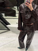 Leather Women's Pants Sets Chic Laple Single Breasted Long Sleeve Jackets Elastic Waist Straight Pants Suit Lady Outfits