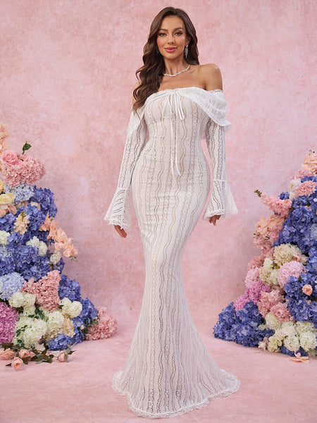 Autumn Long Sleeve Off The Shoulder Bodycon Dress Mermaid Wedding Guest Party Dresses for Women White Dress