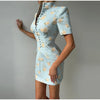 Elegant Women's Printed Buttons Short Dress Waist Cinched Shoulder Pads High Collar Dresses Autumn Lady Holiday Party Robes