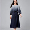 Elegant Gradient Color Pleated Women's Dress Lace Up Design Round Collar Flower Sleeve Famale Clothing 2DB8074