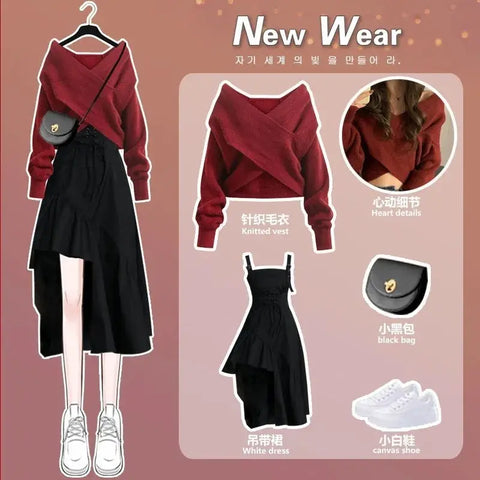 Spring Autumn Large Size Suit Women's Korean Knitted Sweater Irregular Suspender Dress Two-piece Suit