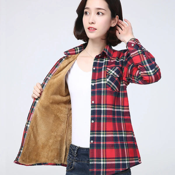 Winter Women's Warm Plaid Shirt Coat Casual Fleece Velvet Plus Thicke Jacket Tops College Style Woman Clothes Outerwear