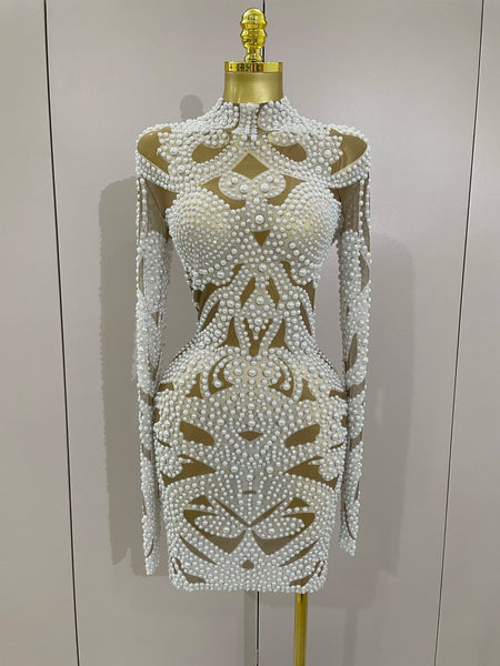 Elegant Evening Gown AB Rhinestones Pearls Long Sleeves Mesh Dress Women Cocktail Party Wedding Costume
