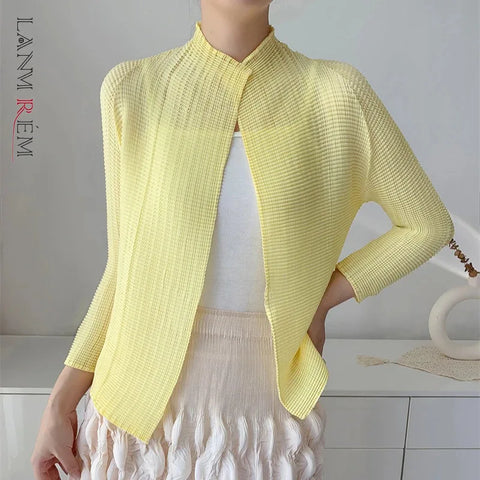 Yellow Pleated Women's Elastic Slim Cardigan Coat Autumn Outerwear Stand Collar Jacket 2DB3894