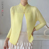 Yellow Pleated Women's Elastic Slim Cardigan Coat Autumn Outerwear Stand Collar Jacket 2DB3894