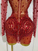 Women Red Sparkly Diamonds Sequins Mesh See Through Long Sleeves Mini Dress Eveing Birthday Party Sexy Nightclub Stage Costume