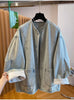 European and American Style Lace-embroidered Casual Denim Coat for Women Spring and Autumn Loose V-neck Coats