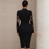 Elegant Lace Sexy Women's Slim Dress Long Sleeve Satin Notched Collar Hollow Out Office Lady Spring Casual Dress