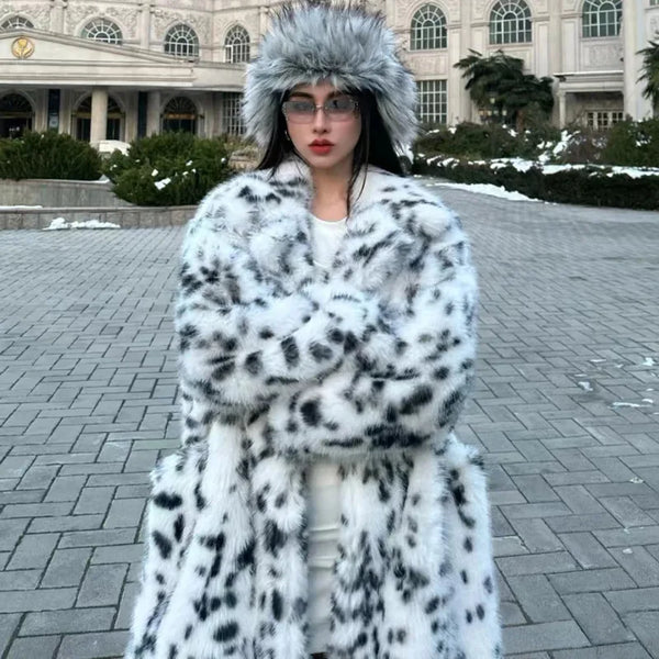 Cool Girls Faux Fur Coat Long Belted Leopard Print Fox Fur Outerwears Women Autumn Winter Thick Warm Soft Fluffy Overcoat