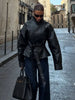 Women Black Short Faux Leather Trench Coat Long Sleeve Lapel Jacket With Belt Vintage Lady Motorcycle Jacket Outwear