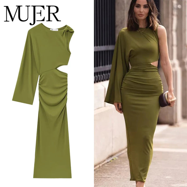 Mujer Green Draped Long Dress Women Asymmetric Cut out Midi Dress Woman Sexy Evening Dresses for Women One Sleeve Night Dresses