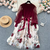 Senior Knitted Patchwork Dress Long Lantern Sleeves Bow Mesh Embroidery Floral Women Autumn France Elegant Party Dress