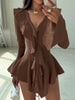 Irregular Hem Dress Women Tierred Y2K Flare Sleeve V-Neck Bandage Stretch Elegant Birthday Party Chic Hipster Bodycon