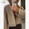 Beige Croc Leather Cropped Jacket Y2k Stand Collar Long Sleeve Wide Cuff Oversize Coat Autumn Street Daily Casual Outerwear