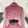 Elegant Turtleneck Long Sleeve Knit Soft Tight Pencil Dress with Belt Slim Warm Sweater Vestido Sexy Women Winter Robe
