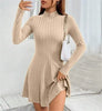European and American Women's Slim Fit Half-Turtleneck Waist-Cinch A-Line Ribbed Long-Sleeve Dress