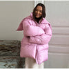 Women's Oversized Quilted Jacket With Hooded Stand Collar Long Sleeve Zipper Pocket Coat Lady Warm Winter Outerwear