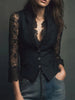 Elegant Sexy V Neck Lace Patchwork Women's Shirt Top See Through Long Sleeve Hollow out Single Button Slim Tops Blazer