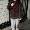 Women Dark Brown Faux Fur Coat Stand Neck Zipper Loose Solid Pullover Spring Chic Lady Casual High Street Outwear