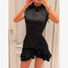 Women Mandarin Collar Ruffle Hem Mini Qipao Chinese Style Cap Sleeve Slim Fit Cheongsam Dress Dating Daily Party Outfit