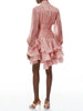 Elegant Pink High Neck Organza Fabric Mini Dresses for Women Puff Sleevs Ruched Waist Tiered Ruffles for Cocktail Parties