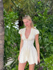 Cream White Polka Dot Mini Dress Women Deep V Neck Short Puff Sleeve Pleated Front Buttons Slim Fit Casual Party Dresses