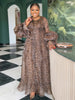 Women Elegant Leopard Print Organza Dress O Neck Oversized Puff Long Sleeve Ruffle Hem Loose Fit Casual Party Church Event Gown