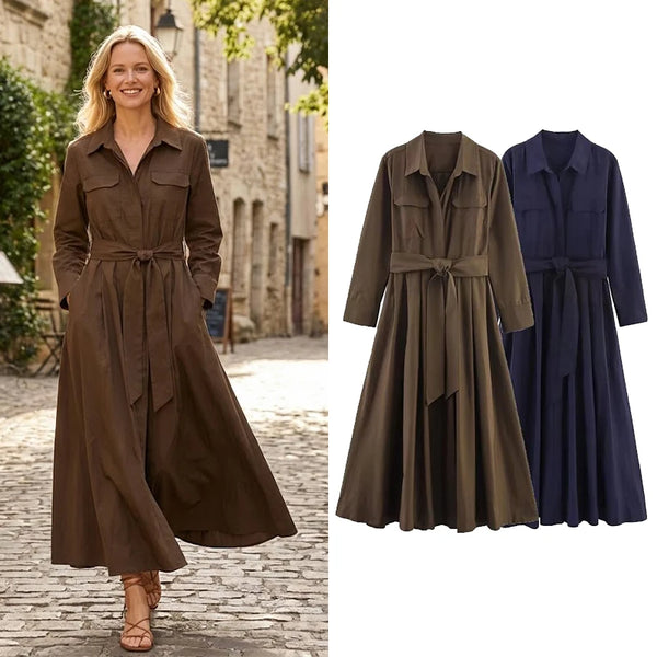 Women With Belt Solid Single Breasted Midi Dress Vintage Lapel Neck Long Sleeves Female Chic Lady Dresses