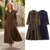 Women With Belt Solid Single Breasted Midi Dress Vintage Lapel Neck Long Sleeves Female Chic Lady Dresses