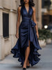 Women's Deep V-Neck Ruffled Evening Gowns Solid Lace-Up High Waist Satin Party Dresses Elegant Temperament Wedding Guests Dress