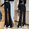 Black Front Split Flares Pants Women High Waist Elastic Slim Fit Wide Leg Pants Woman Y2K Simple Trousers