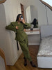 Women's Olive Green Two Piece Set Chic Padded Shoulder Cinched Waist Blazer High Waist Jogger Pants Streetwear Office Outfit