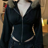 Autumn Winter Faux Fur Collar Solid Hooded Coats Women Casual Slim Waist Zip Hoodies Gothic Jackets Chic Streetwear