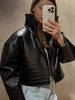 Croc Embossed Cropped Faux Leather Jacket High Stand Collar Long Sleeve Oversized Women Jackets Autumn Chic Coats