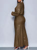 Shiny Women's Dress Spring Autumn O-neck Long Sleeve Slim Hips Banquet Long Dress Female Pleated Party Fishtail Dresses
