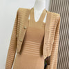 Commuter Knitted Dress Spring Autumn Elegant Two Pieces Set Hip-wrapped Short Striped Cardigan And Dress J408
