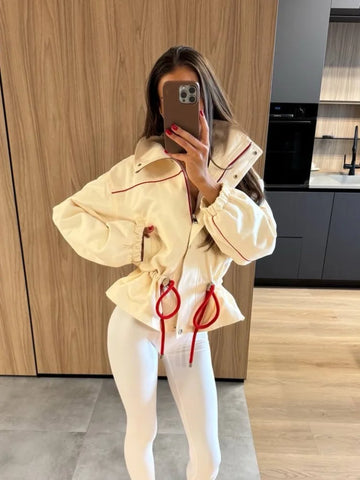 Drawstring Short Jacket Women Lapel Long Sleeve Single-breasted Slim Coat Spring Autumn Lady Daily Street Outerwear
