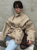 Lace Up Stand Collar Trench Coat Women Chic Lapel Single Breasted Waist Cinching Lady Autumn Commute Street Coats
