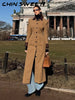 Chic Suede Women's Windbreaker Leather Patchwork Turn-Down Collar Single Breasted Waist-Closed Long Coat Autumn Lady Jacket