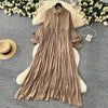 Spring Vintage Loose Dresses Women Lantern Sleeve Turn-down Collar Solid Single Breasted Casual Folds Long Dress