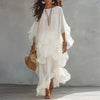 Vintage Solid Tiered Ruffle Mesh Dress Women Crew Neck Loose Batwing Sleeve Sheer Maxi Dress Elegant Holiday Travel Casual Dress