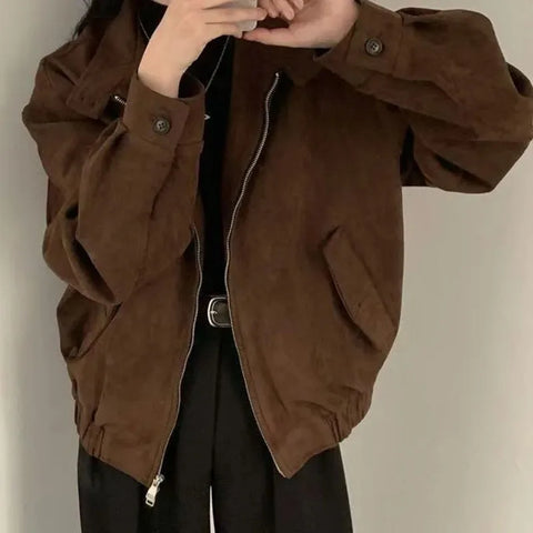 American Retro Brown Faux Suede Coat Women Lapel Solid Zipper Short Jacket Autumn Winter Long Sleeve Zipper Outwear