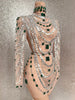 Sparkly Diamonds Mesh See Through Long Sleeves Mini Dress Women Eveing Birthday Party Sexy Nightclub Bar Stage Costume