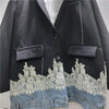 Spring Denim Patchwork Contrasting Color Lace Blazer Long-sleeved Women Oversize Loose Casual Suit