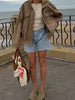 Brown Retro Suede Lapel Zippered Short Jackets Women's Casual Full Sleeves Pocket Loose Coats Spring Daily Commute Outwear